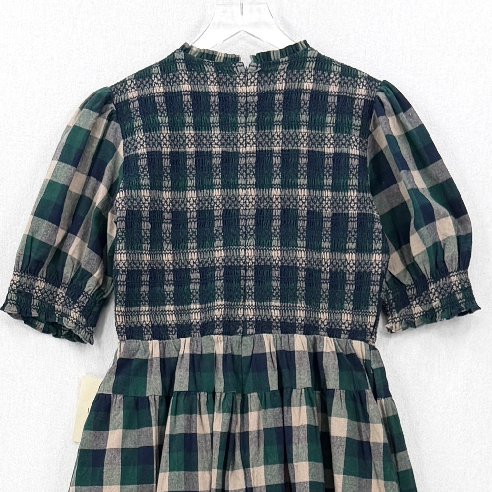 BOHME Emmett Plaid Mini Dress Women Medium Navy Green Smocked Puff Sleeve Tiered - Picture 7 of 16